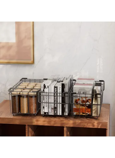 3Pcs Carbon Steel Storage Basket for Kitchen &amp; Cabinet Fridge Organizer Drawer with Handle
