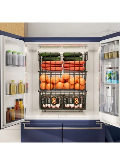 4Pcs Carbon Steel Storage Basket for Kitchen Cabinet Fridge Organizer Drawer with Handle