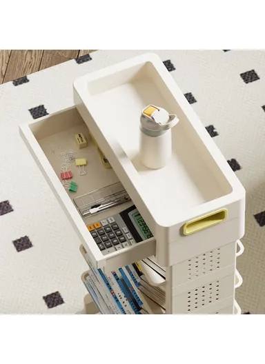 Movable Classroom Desk Side Book Storage Rack 3-Tier PP Stationery Organizer with Drawer and Wheels