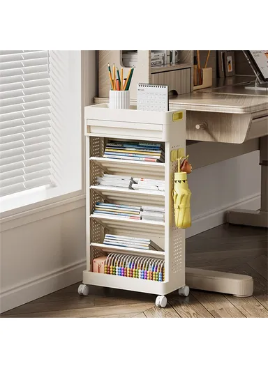 5-Tier Books Storage Rack Multi-Function Organizer Desk Side PP Bookshelf with Drawer and Wheels