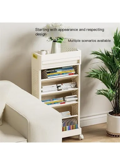 5-Tier Books Storage Rack Multi-Function Organizer Desk Side PP Bookshelf with Drawer and Wheels