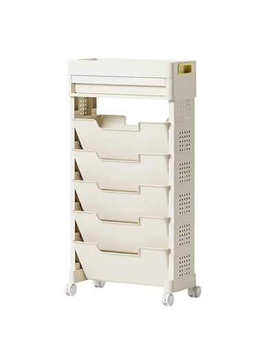5-Tier Movable Classroom Desk Side Book Storage Rack PP Stationery Organizer with Drawer and Wheels