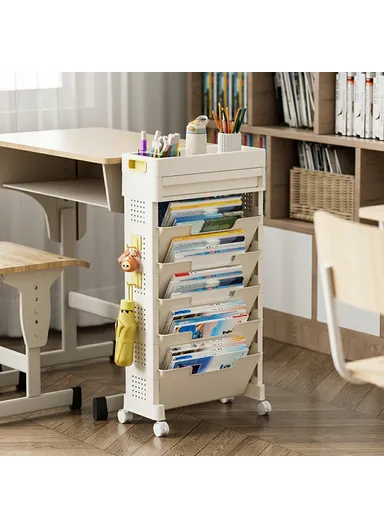 5-Tier Movable Classroom Desk Side Book Storage Rack PP Stationery Organizer with Drawer and Wheels