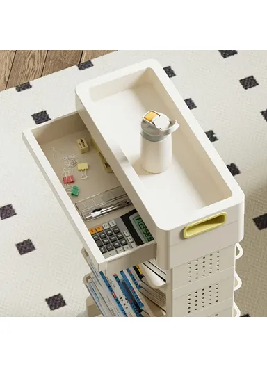 5-Tier Movable Classroom Desk Side Book Storage Rack PP Stationery Organizer with Drawer and Wheels