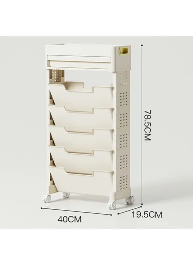 5-Tier Movable Classroom Desk Side Book Storage Rack PP Stationery Organizer with Drawer and Wheels