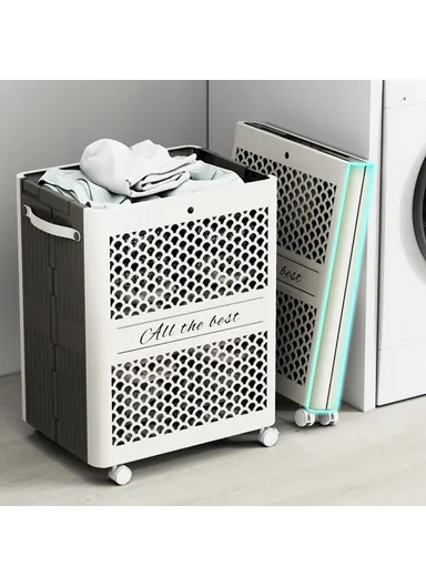 Folding Laundry Basket Clothes Hamper Storage Box with Wheels for Bathroom Home Use (L38 x W28 x H48) cm