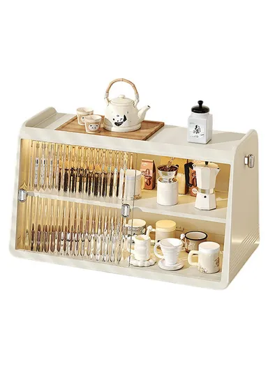 3-Tier Cup Holder Organizer Kitchen Countertop Coffee, Mugs, Tea, Cups &amp; Storage Rack with Sliding Door