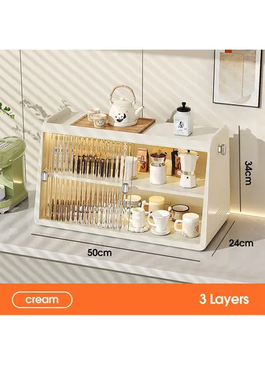 3-Tier Cup Holder Organizer Kitchen Countertop Coffee, Mugs, Tea, Cups &amp; Storage Rack with Sliding Door