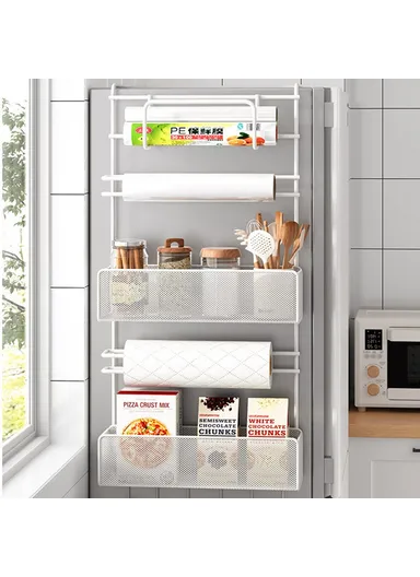 6 Tier Refrigerator Side Organizer Space Saving No Drilling Carbon Steel Kitchen Storage Rack - White