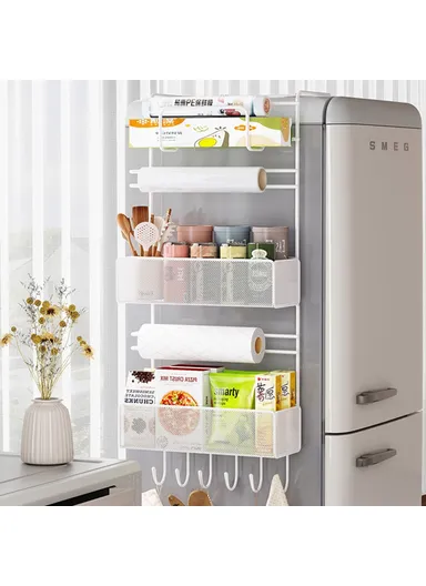6 Tier Refrigerator Side Organizer Space Saving No Drilling Carbon Steel Kitchen Storage Rack - White