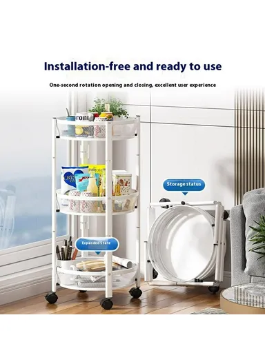 Folding Multi-Function Storage Cart Kitchen Organizer Stand 3-Tier Fruit Vegetable Basket ,Snack Rack - White