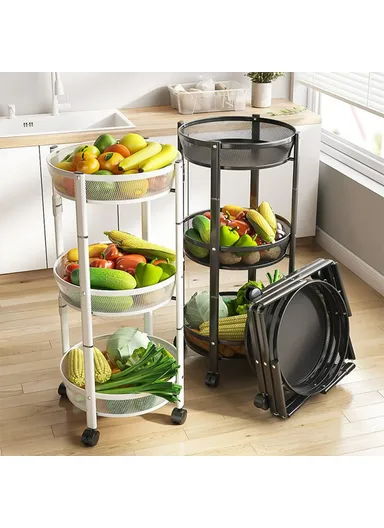 Folding Multi-Function Storage Cart Kitchen Organizer Stand 3-Tier Fruit Vegetable Basket ,Snack Rack - White