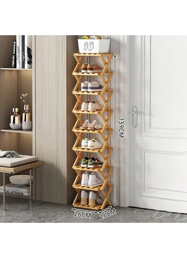 9-Tier Foldable Bamboo Shoe Rack, No Installation Required, Home Entryway Shoes Storage Organizer - Natural Color