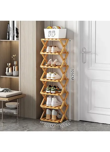 7-Tier Foldable Bamboo Shoe Rack, No Installation Required, Home Entryway Shoes Storage Organizer - Natural Color