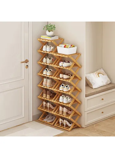7-Tier Foldable Bamboo Shoe Rack, No Installation Required, Home Entryway Shoes Storage Organizer - Natural Color