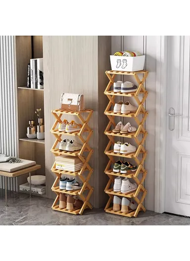 7-Tier Foldable Bamboo Shoe Rack, No Installation Required, Home Entryway Shoes Storage Organizer - Natural Color