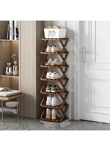 7-Tier Foldable Bamboo Shoe Rack No Installation Required Home Entryway Shoes Storage Organizer - Tawny