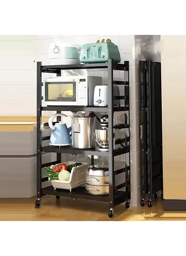 4 Tiers Foldable Kitchen Storage Rack, Heavy Duty Carbon Steel Shelf for Microwave Oven with Wheels - Black