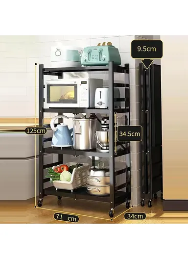 4 Tiers Foldable Kitchen Storage Rack, Heavy Duty Carbon Steel Shelf for Microwave Oven with Wheels - Black