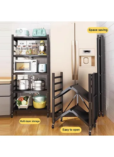 4 Tiers Foldable Kitchen Storage Rack, Heavy Duty Carbon Steel Shelf for Microwave Oven with Wheels - Black