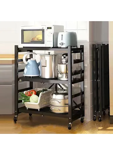 3 Tiers Foldable Kitchen Storage Rack, Heavy Duty Carbon Steel Shelf for Microwave Oven with Wheels - Black