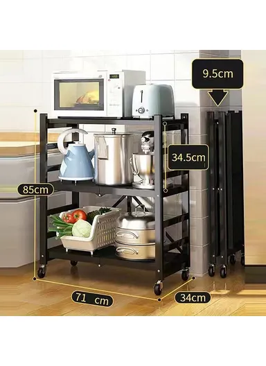 3 Tiers Foldable Kitchen Storage Rack, Heavy Duty Carbon Steel Shelf for Microwave Oven with Wheels - Black
