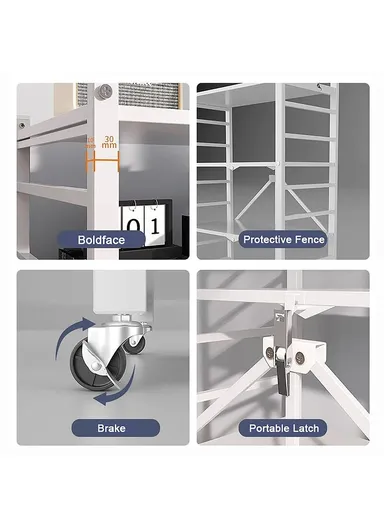 3 Tiers Foldable Kitchen Storage Rack, Heavy Duty Carbon Steel Shelf for Microwave Oven with Wheels - Black