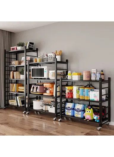 3 Tiers Foldable Kitchen Storage Rack, Heavy Duty Carbon Steel Shelf for Microwave Oven with Wheels - Black