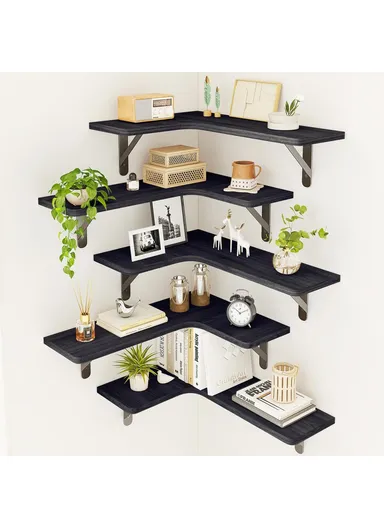 Set Floating Corner Shelves, Wall Mounted Wood Storage Rack, for Kitchen, Bathroom, And Living Room - Black / 5Pcs 
