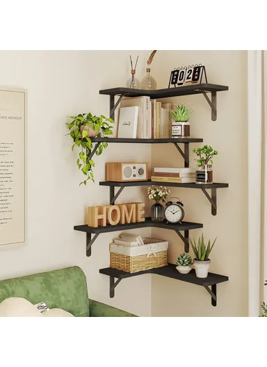 Set Floating Corner Shelves, Wall Mounted Wood Storage Rack, for Kitchen, Bathroom, And Living Room - Black / 5Pcs 