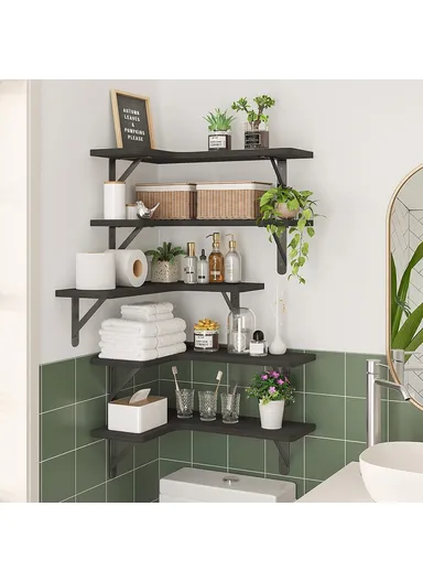 Set Floating Corner Shelves, Wall Mounted Wood Storage Rack, for Kitchen, Bathroom, And Living Room - Black / 5Pcs 