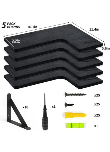 Set Floating Corner Shelves, Wall Mounted Wood Storage Rack, for Kitchen, Bathroom, And Living Room - Black / 5Pcs 
