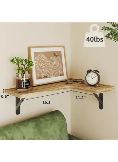 4Pcs / Set Floating Corner Shelves, Wall Mounted Wood Storage Rack for Kitchen Bathroom Living Room (W41 x D14 x T1.5)cm - Wood Color