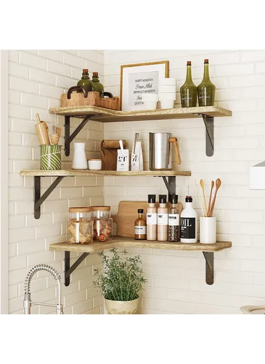 3Pcs / Set Floating Corner Shelves, Wall Mounted Wood Storage Rack for Kitchen Bathroom Living Room (W41 x D14 x T1.5)cm - Wood Color