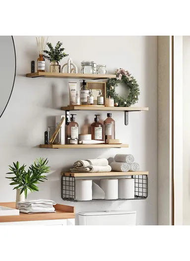 4Pcs / Set Floating Wall Shelves, Bathroom Kitchen Living Room Wood Iron Storage Rack - Light Wood Color