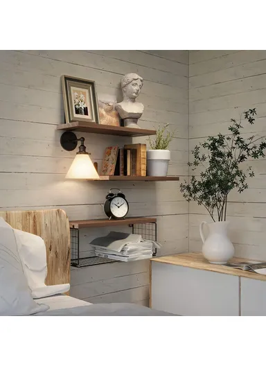 4Pcs / Set Floating Wall Shelves, Bathroom Kitchen Living Room Wood Iron Storage Rack - Light Wood Color