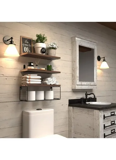 4Pcs / Set Floating Wall Shelves, Bathroom Kitchen Living Room Wood Iron Storage Rack - Light Wood Color