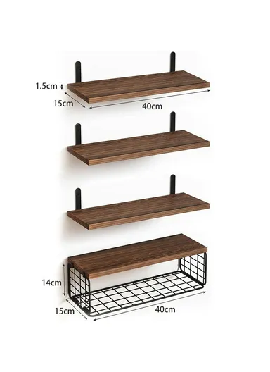 4Pcs / Set Floating Wall Shelves, Bathroom Kitchen Living Room Wood Iron Storage Rack - Light Wood Color