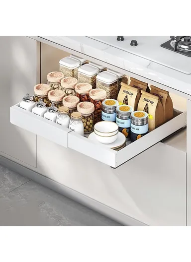 Under Sink Organizer, Pull Out Kitchen Cabinet Drawer, Extendable Length Storage Rack (L50 x W42 x H7)cm - White / 42cm