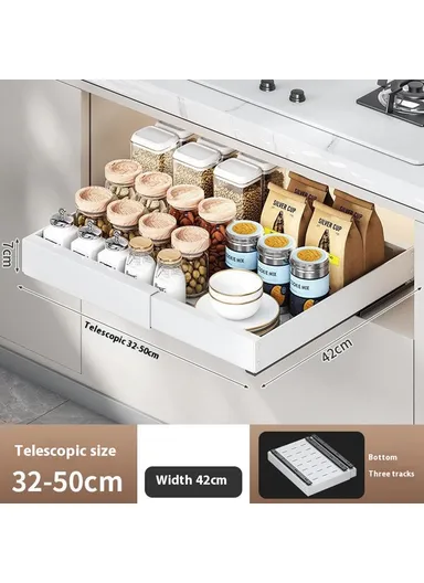 Under Sink Organizer, Pull Out Kitchen Cabinet Drawer, Extendable Length Storage Rack (L50 x W42 x H7)cm - White / 42cm