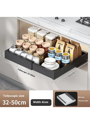 Under Sink Organizer, Pull Out Kitchen Cabinet Drawer, Extendable Length Storage Rack (L50 x W42 x H7)cm - Black / 42cm