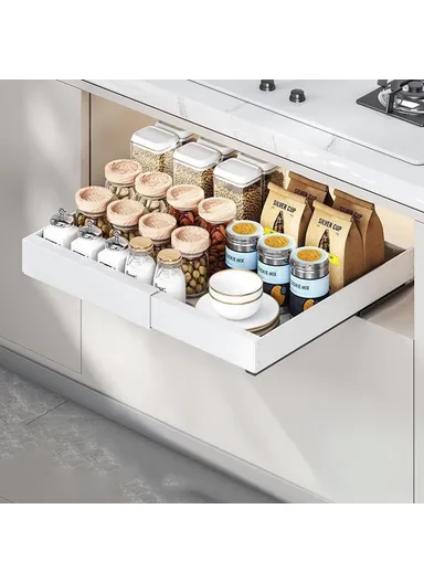 Under Sink Organizer, Pull Out Kitchen Cabinet Drawer, Extendable Length Storage Rack (L50 x W52 x H7)cm - White / 52cm
