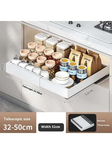Under Sink Organizer, Pull Out Kitchen Cabinet Drawer, Extendable Length Storage Rack (L50 x W52 x H7)cm - White / 52cm