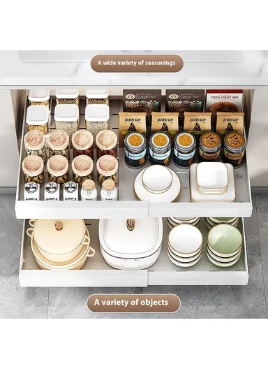 Under Sink Organizer, Pull Out Kitchen Cabinet Drawer, Extendable Length Storage Rack (L50 x W52 x H7)cm - White / 52cm