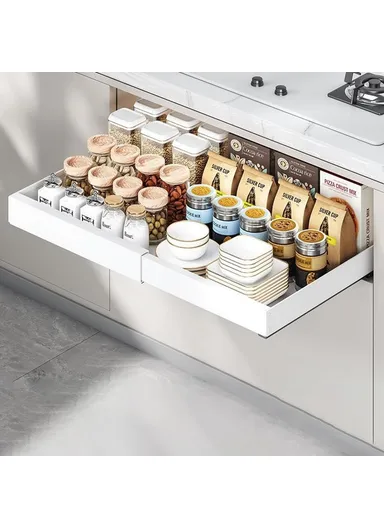 Under Sink Organizer, Pull Out Kitchen Cabinet Drawer, Extendable Length Storage Rack (L68 x W42 x H7)cm - White / 42cm