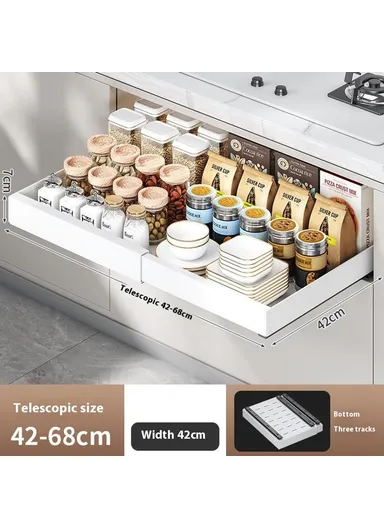 Under Sink Organizer, Pull Out Kitchen Cabinet Drawer, Extendable Length Storage Rack (L68 x W42 x H7)cm - White / 42cm