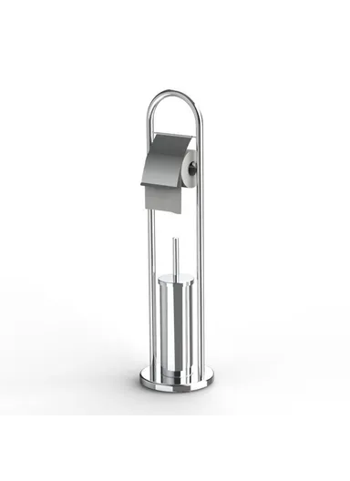 2 in 1 Space Saving Floor Standing, Stainless Steel Bathroom Tissue Roll Holder, Stand with Toilet Brush