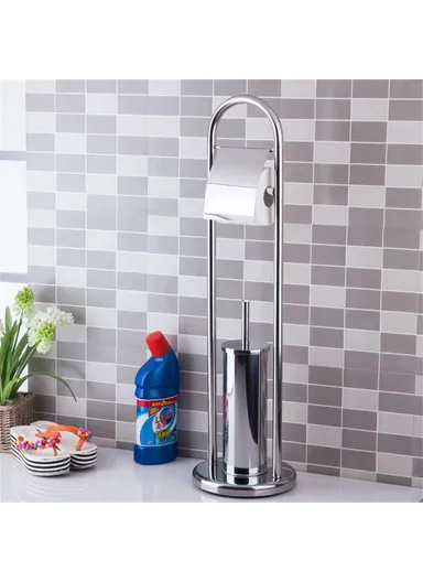 2 in 1 Space Saving Floor Standing, Stainless Steel Bathroom Tissue Roll Holder, Stand with Toilet Brush