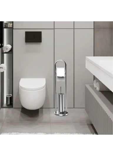 2 in 1 Space Saving Floor Standing, Stainless Steel Bathroom Tissue Roll Holder, Stand with Toilet Brush