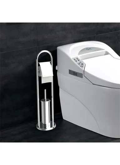 2 in 1 Space Saving Floor Standing, Stainless Steel Bathroom Tissue Roll Holder, Stand with Toilet Brush